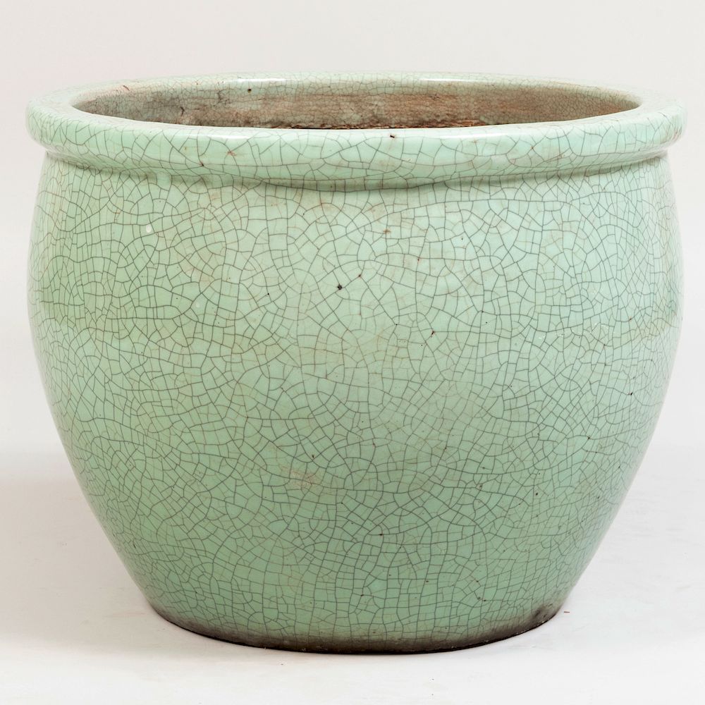 Appraisal: Green Crackle Glazed Pottery Planter x in diam Condition With