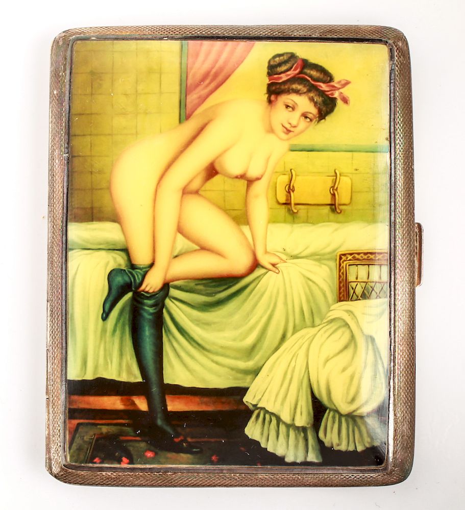 Appraisal: Silver Enamel Erotic Nude Woman Cigarette Case English sterling silver