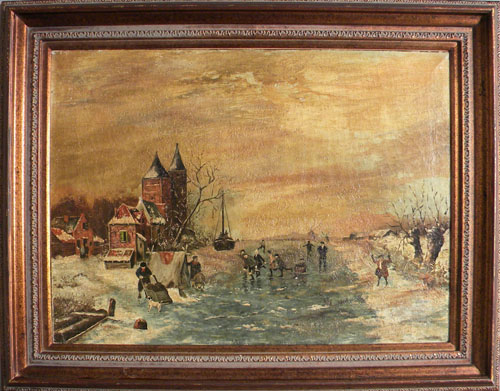 Appraisal: Oil on canvas winter landscape with skaters early th c