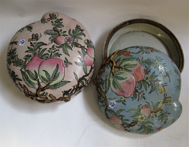 Appraisal: TWO CHINESE PEACH-SHAPED LARGE STORAGE BOXES hand painted with raised