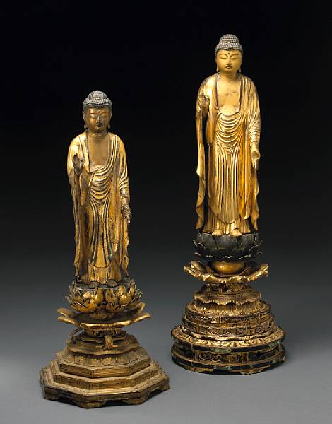 Appraisal: Two gilt lacquered wood figures of Amida Butsu Edo Period