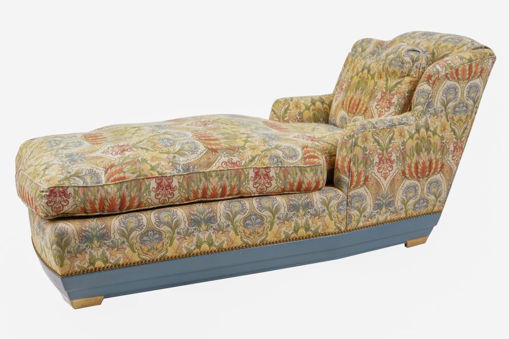 Appraisal: FLORAL-UPHOLSTERED CHAISE LOUNGEwith a loose seat and back cushion and