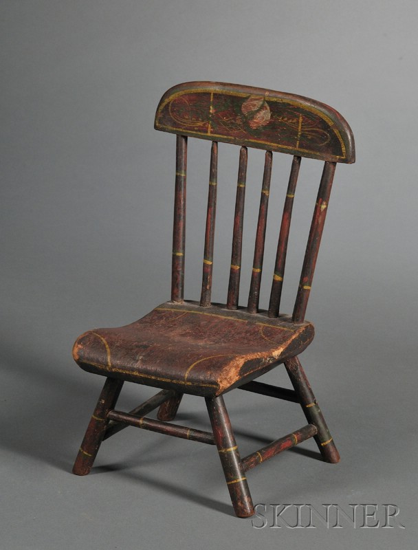 Appraisal: Miniature Paint-Decorated Carved Wooden Chair probably Maine early th century