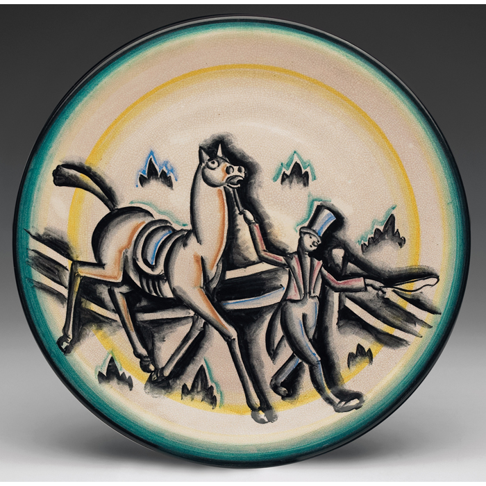 Appraisal: Cowan Pottery charger designed by Viktor Schreckengost colorfully painted scene