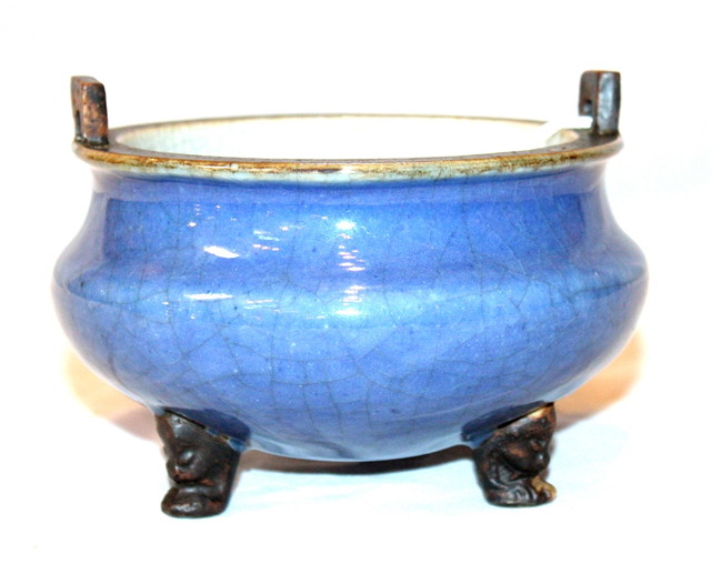 Appraisal: AN TH CENTURY CHINESE BLUE GLAZED CENSER of ovoid form