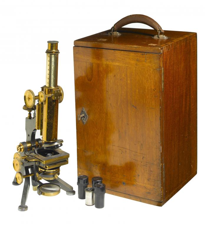 Appraisal: A VICTORIAN BRASS COMPOUND MICROSCOPE signed on the blackened tripod