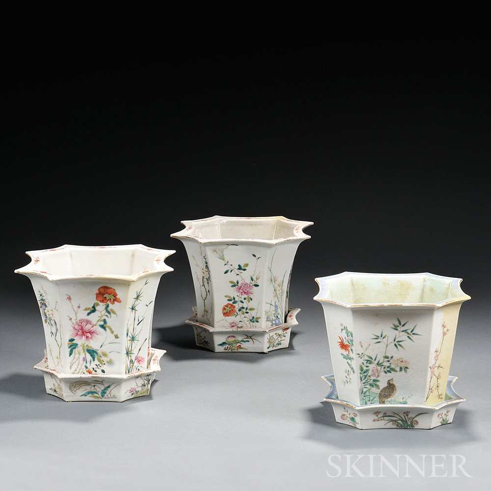 Appraisal: Three Enameled Eight-sided Porcelain Jardinieres with Trays China th century