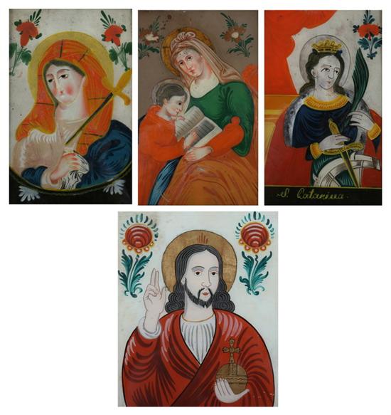 Appraisal: FOUR GERMAN REVERSE-PAINTED GLASS PANELS OF SAINTS th century St