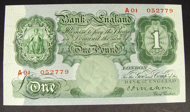 Appraisal: Bank of England one pound note signed Mahon no UNC