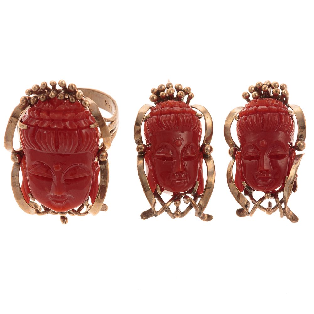 Appraisal: A K Vintage Carved Coral Buddha Ring Earrings K yellow