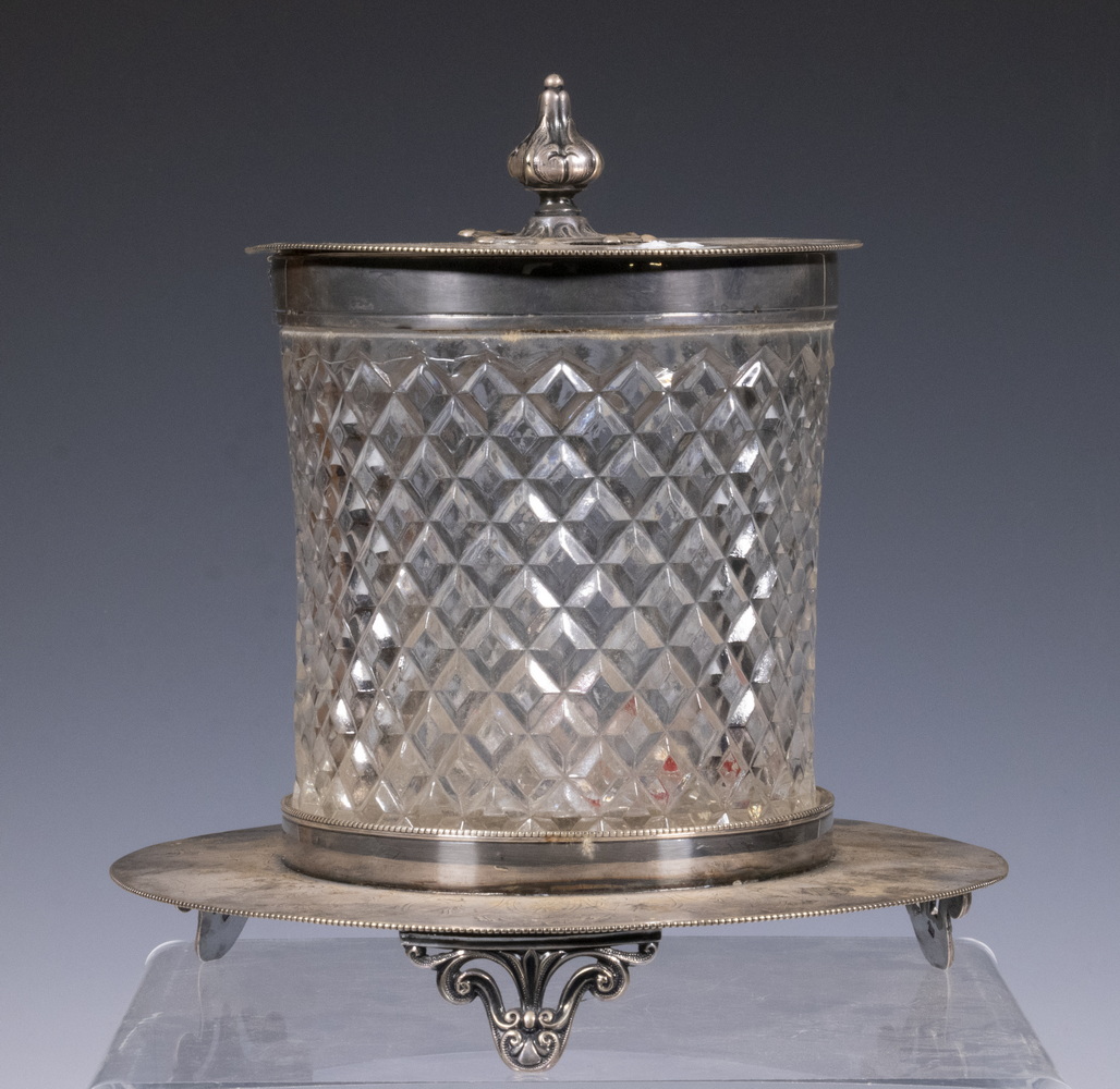 Appraisal: SILVER-PLATE AND CRYSTAL BISCUIT BARREL Late th c English Crystal