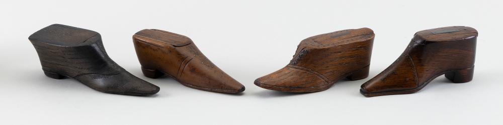 Appraisal: FOUR ENGLISH CONTINENTAL SHOE-FORM TREEN AND PIQUE WORK SNUFF BOXES