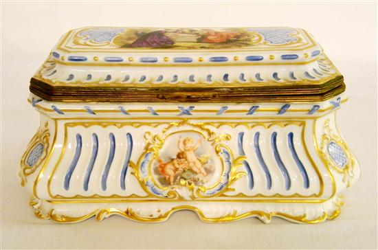 Appraisal: A hand painted white rectangular footed box with continental scene