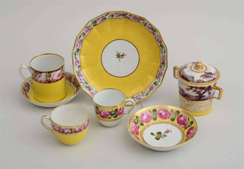 Appraisal: GROUP OF SEVEN ENGLISH YELLOW-GROUND PORCELAIN TABLE ARTICLES Comprising a