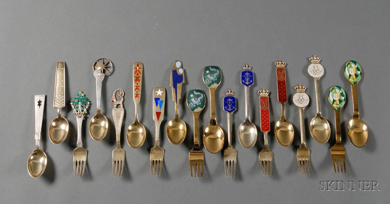 Appraisal: Eighteen Danish Gold-washed Sterling and Enamel Decorated Commemorative Flatware Items