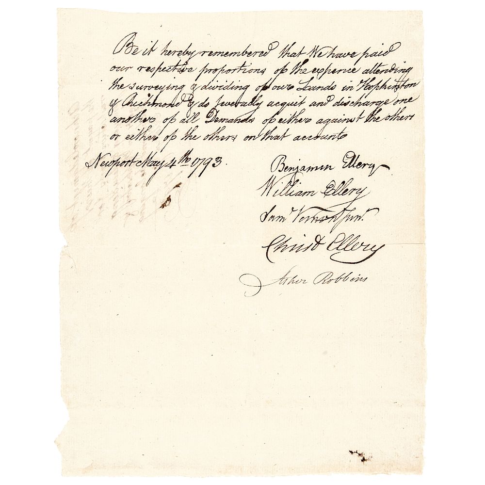 Appraisal: WILLIAM ELLERY Signer of Declaration of Independence Autographed Document Autographs