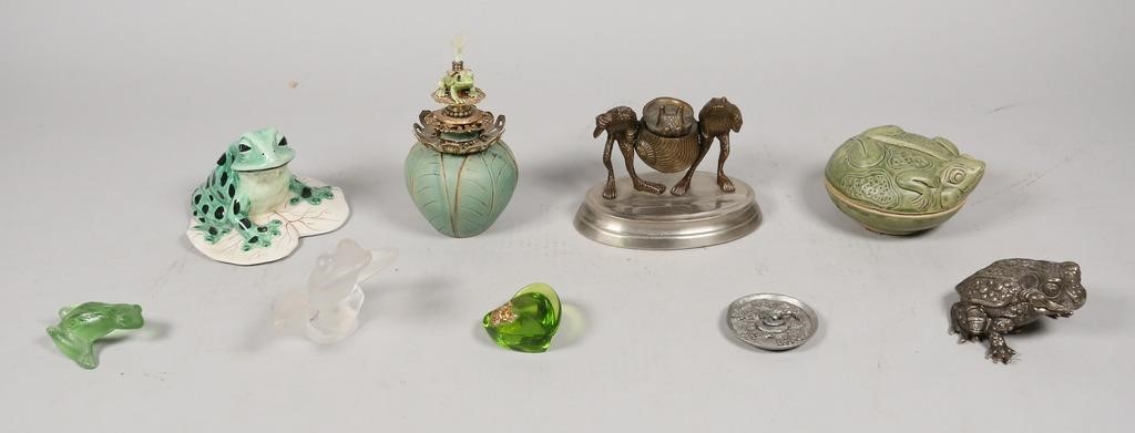 Appraisal: DECORATIVE FROG ITEMSLevenger bronze frogs and snail inkwell Sevres frosted