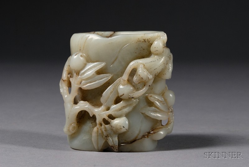 Appraisal: Jade Brush Holder China surface carved in high relief with