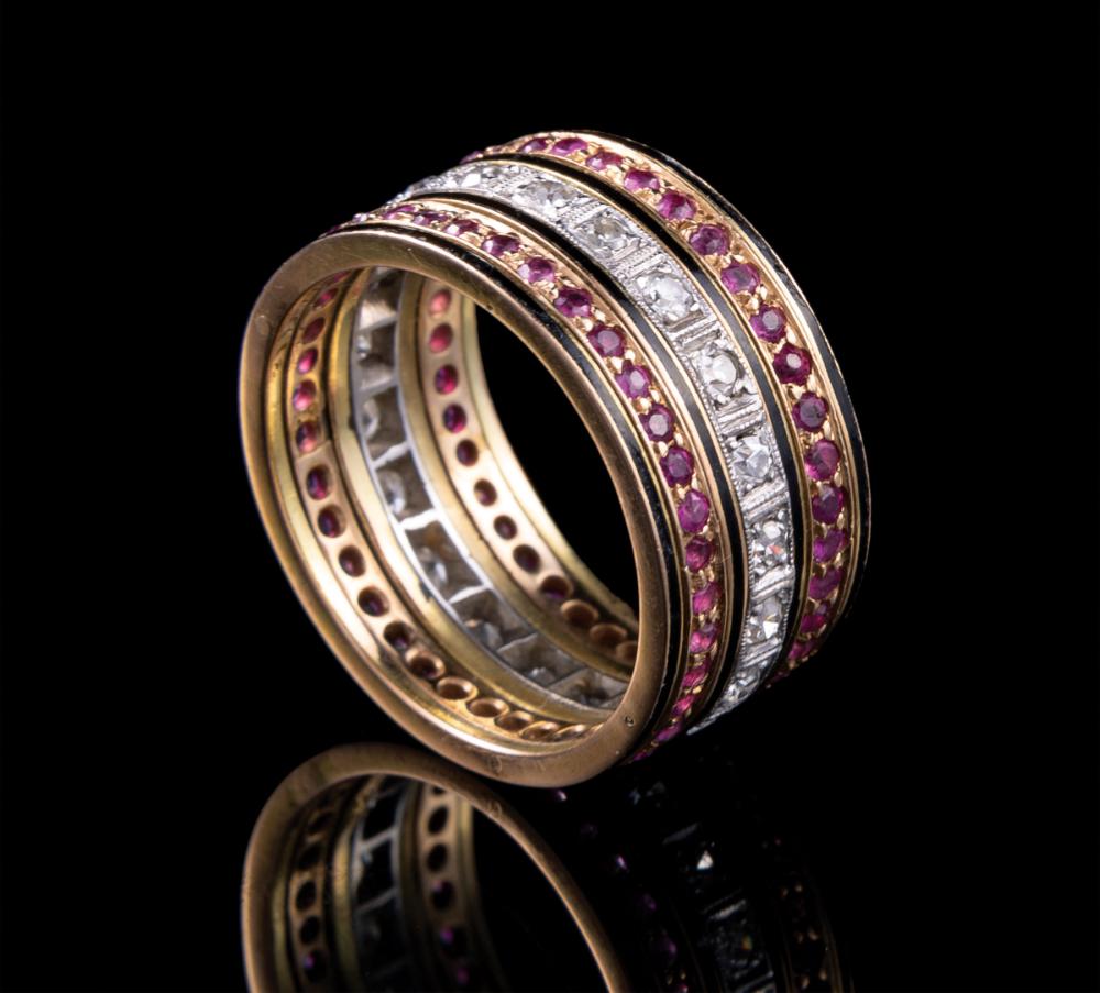 Appraisal: Platinum Yellow Gold Ruby Diamond and Black Enamel Wedding Band