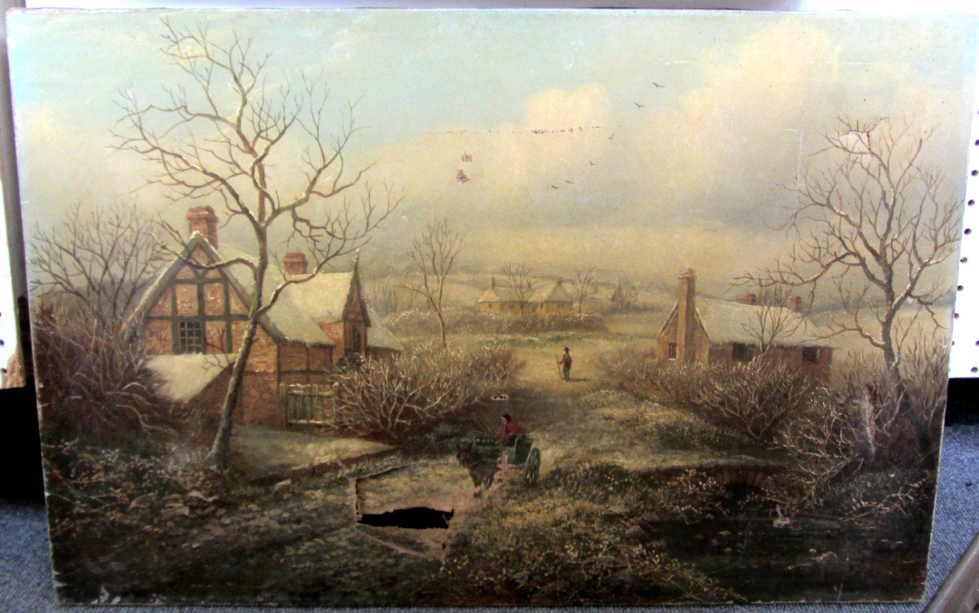 Appraisal: Albert Dunington - Winter village scene oil on canvas unframed