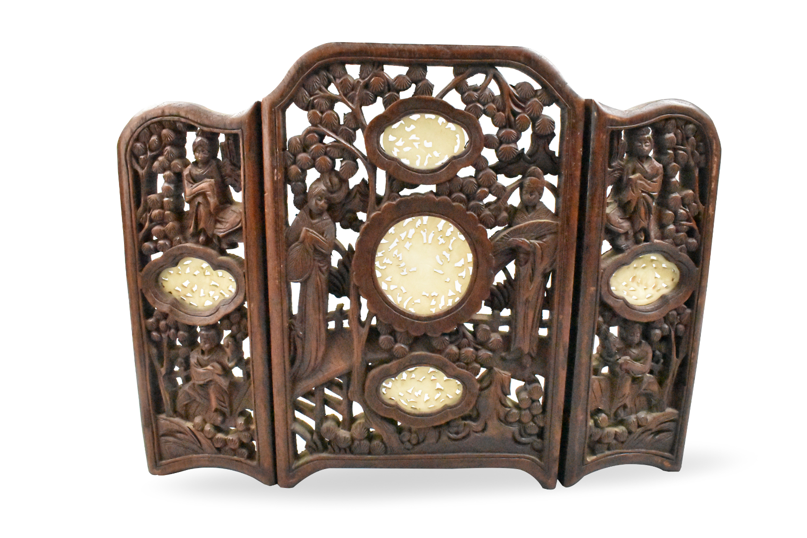 Appraisal: A Chinese wood carved table screen in three sections inlaid