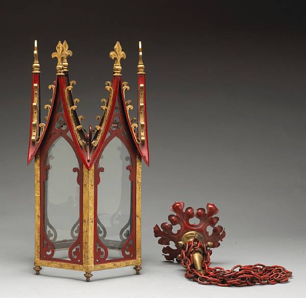 Appraisal: A Gothic style painted and parcel gilt iron and t