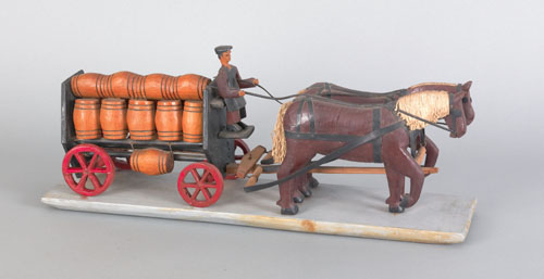 Appraisal: Carved wood horse drawn beer wagon ca l