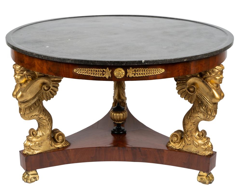 Appraisal: FRENCH EMPIRE-STYLE CENTER TABLEthe round black stone top over a