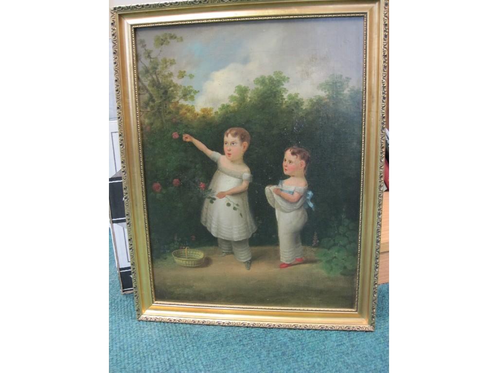 Appraisal: ENGLISH SCHOOL CIRCA Portrait of two young Children picking Flowers