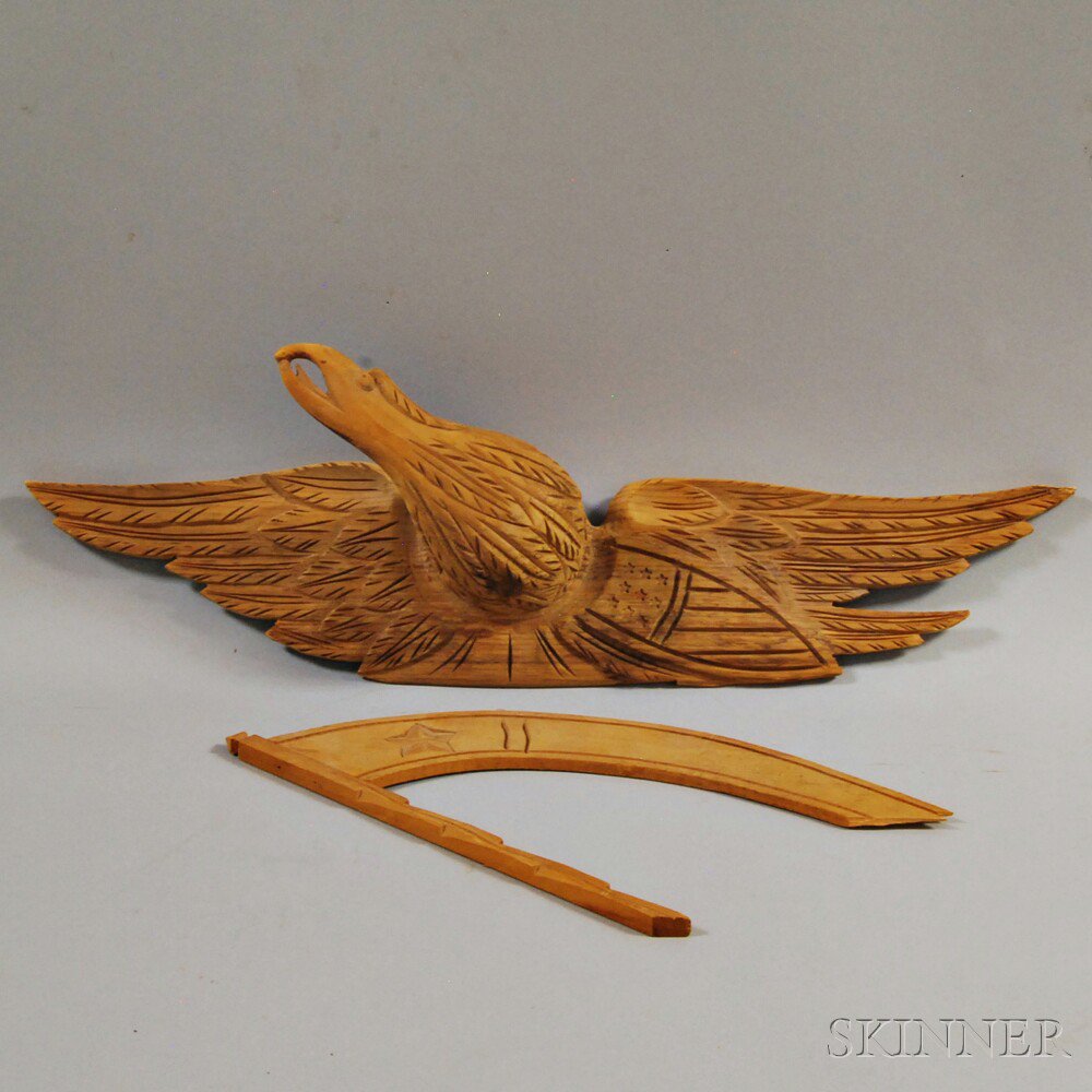 Appraisal: Bellamy-type Carved Pine Spreadwing Eagle with Banner th century ht