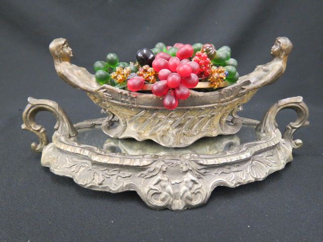 Appraisal: Bronzed Figural Lamp on Mirrored Plateau colorful glass fruit in