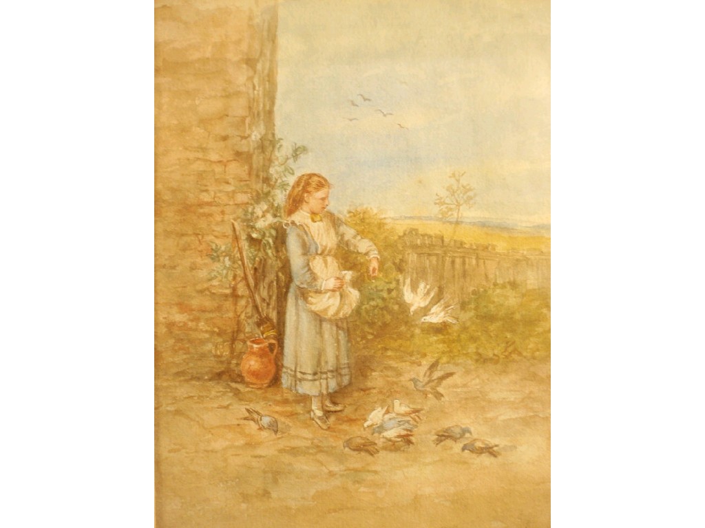 Appraisal: thC English School - A young girl feeding doves watercolour