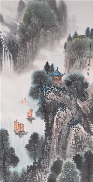 Appraisal: Chinese ink and color on paper painting of mountain landscape