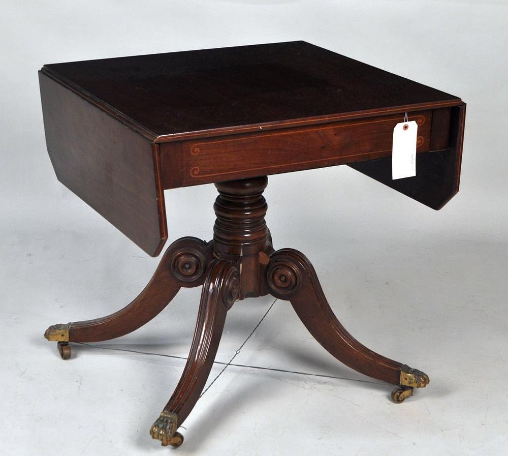 Appraisal: Regency Style Inlaid Mahogany Drop Leaf Sofa Table single pillar