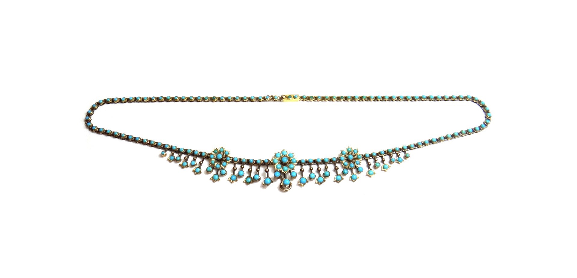 Appraisal: A gold and turquoise set collar necklace circa the front