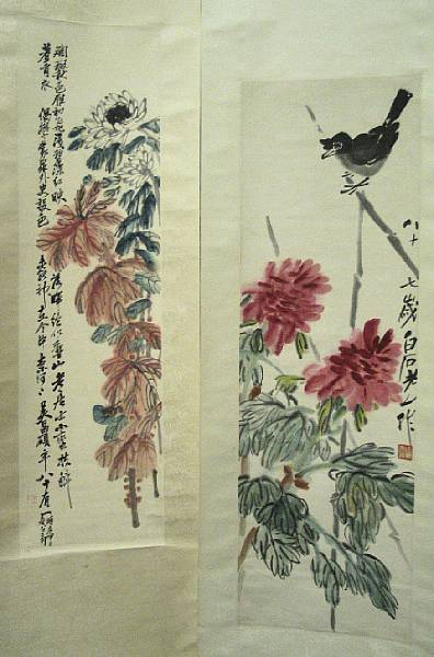 Appraisal: Four hanging scrolls Two of chrysanthemums bearing the signature of