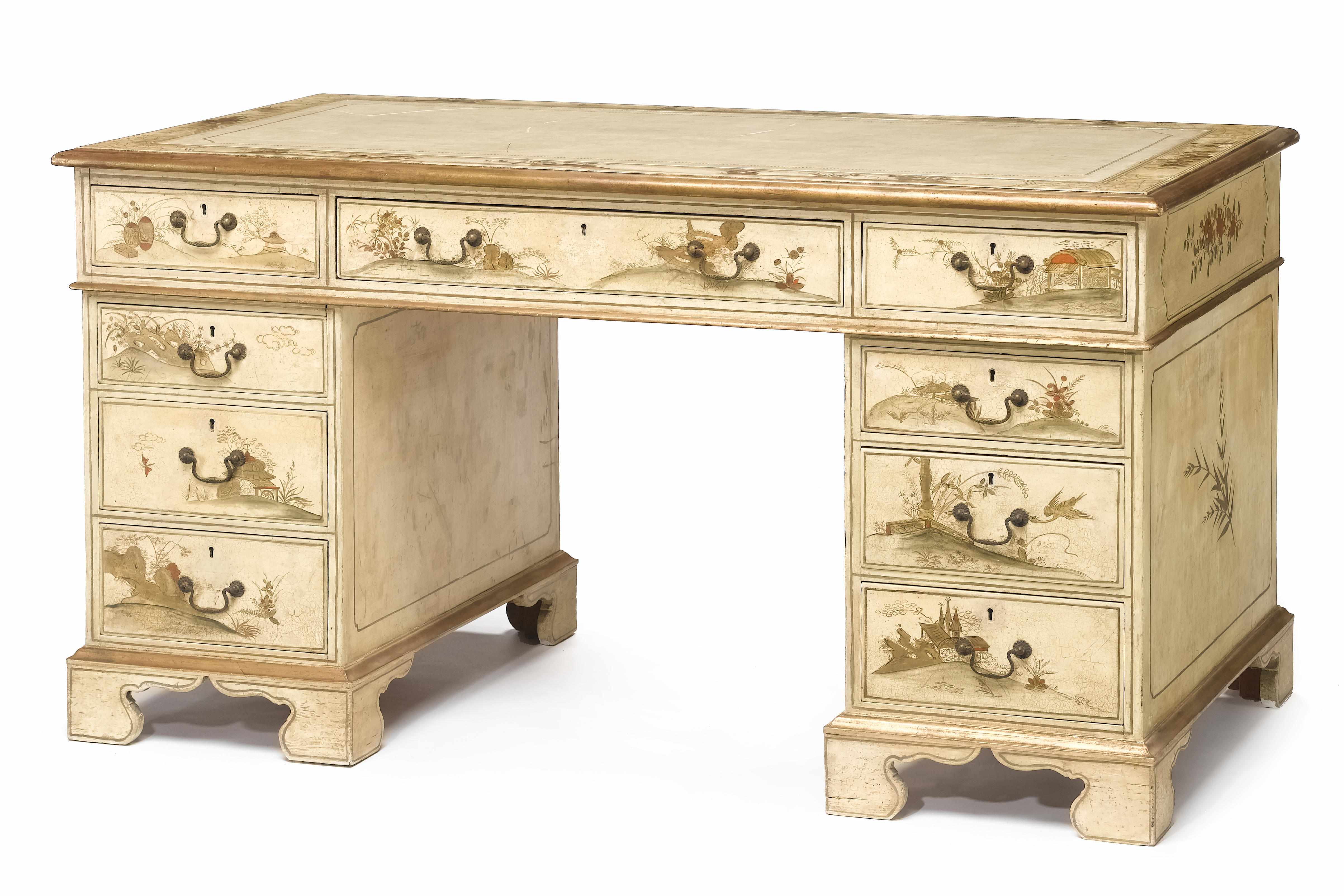 Appraisal: A George III style cream painted pedestal desk circa Chinoiserie