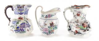 Appraisal: Group of Three Large English Ironstone Pitchers Mason's Ironstone English