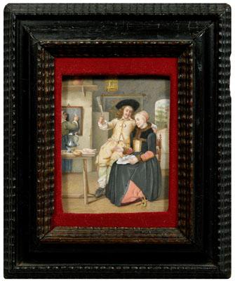 Appraisal: Dutch School miniature watercolor tavern scene with elegantly dressed couple