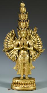 Appraisal: Gilt Bronze Jeweled Avalokitesvara Sculpture Gilt Bronze Tibetan Avalokiteshvara sectional