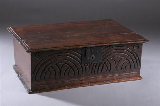 Appraisal: ENGLISH JACOBEAN CARVED OAK BIBLE BOX circa Rectangular top with