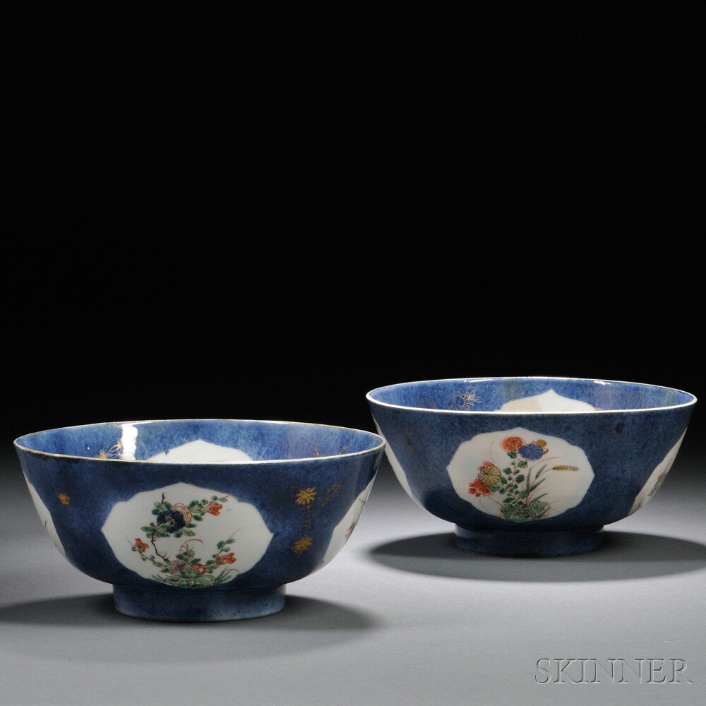 Appraisal: Pair of Famille Rose Blue-ground Bowls China th th century