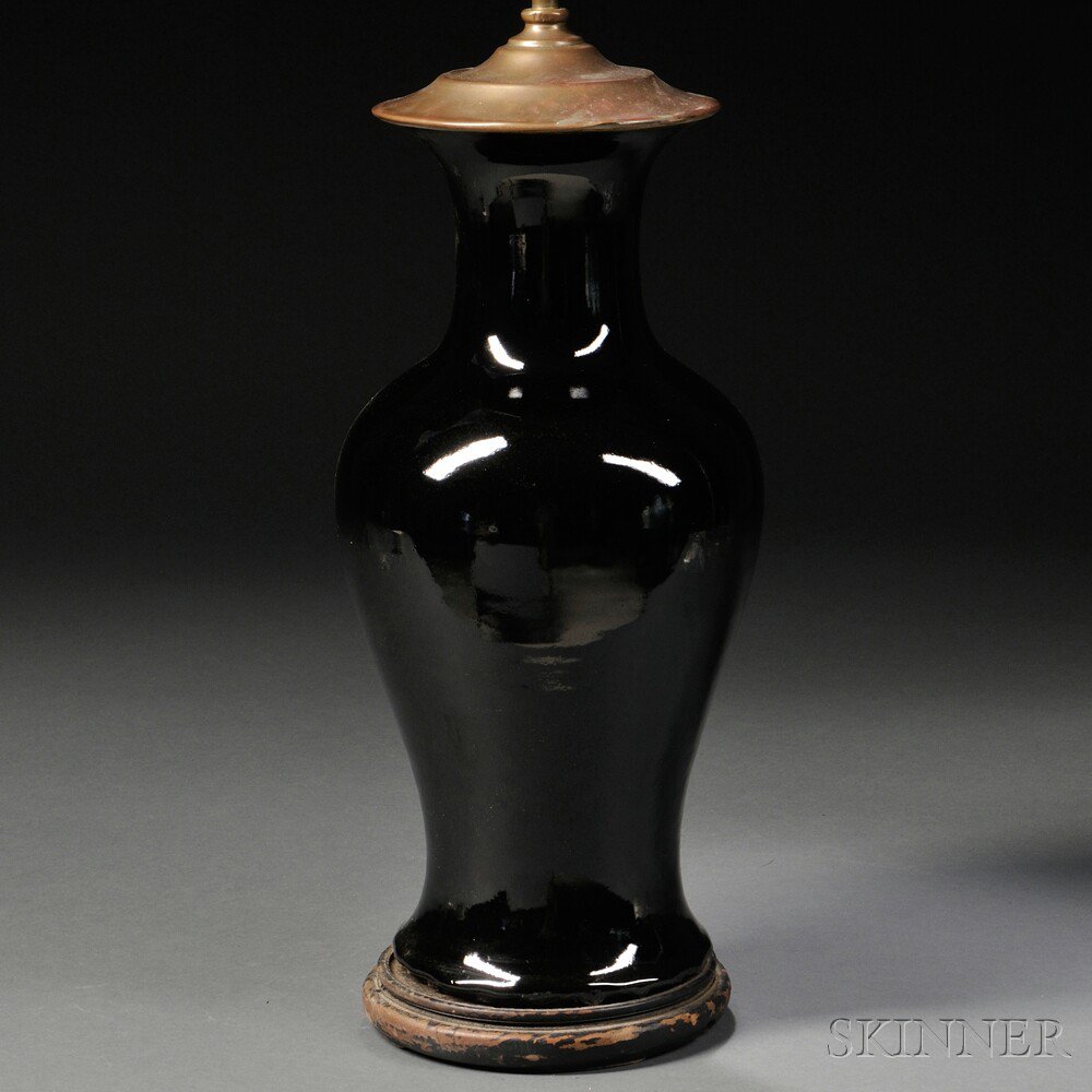 Appraisal: Mirror Black Porcelain Lamp China th th century baluster-shape with