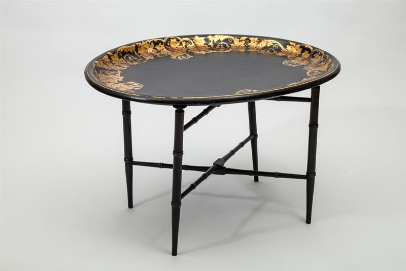 Appraisal: Victorian Black Painted and Parcel-Gilt Papier-M ch Tray on Stand