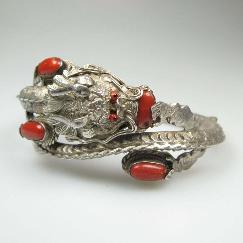 Appraisal: Chinese Silver Hinged Bangle set with coral