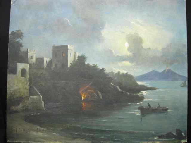 Appraisal: Moonlight Landscapefisherman approaching cave castle oil on artist board unframed