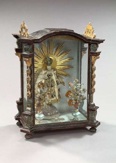 Appraisal: Austrian Baroque Carved Faux-Marbre-Painted and Parcel-Giltwood and Glass Vitrine containing