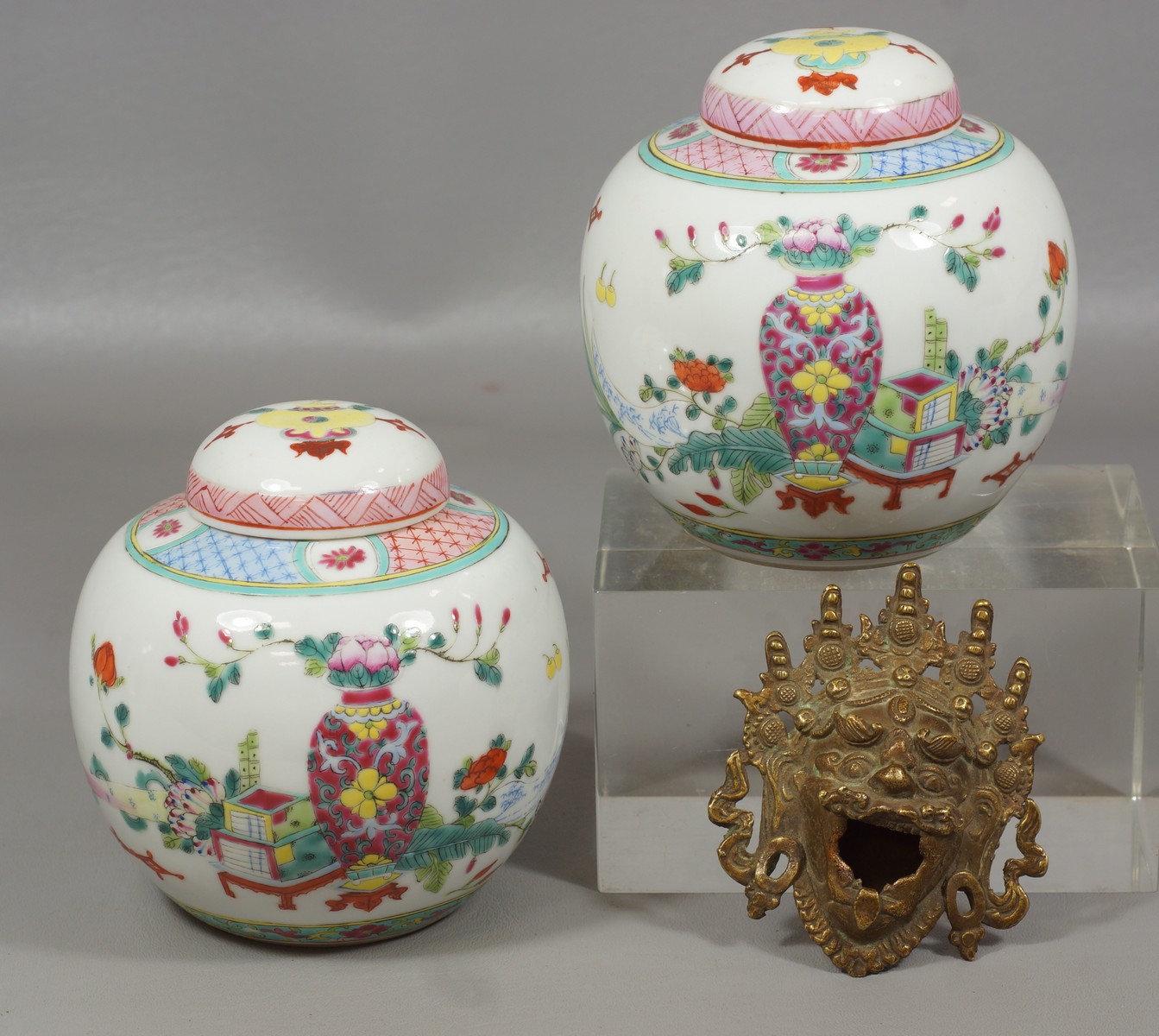 Appraisal: Pair of Famille Rose Ginger Jars marked China to base