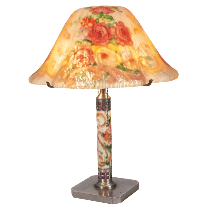 Appraisal: Pairpoint lamp floral motif with a reverse-painted shade on a