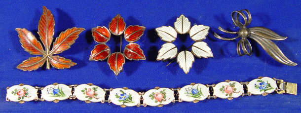 Appraisal: Two Danish silver and enamel leaf brooches a Danish sterling